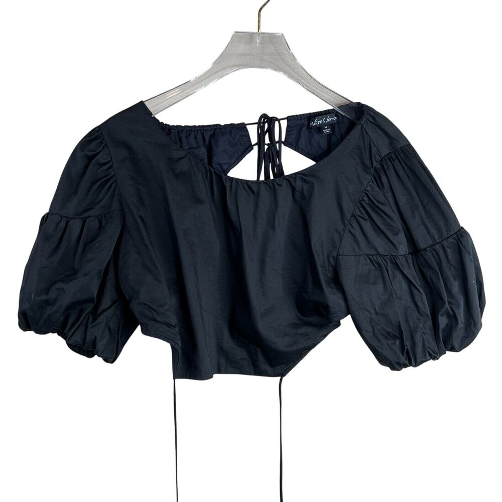 For Love Lemon Backless Cropped Blouse M Black Puff‎ Sleeve Crop